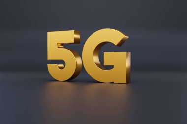 5G altın sembolü, mobil iletişim standardı. Geniş bant ve dijital ağ. Yeni telekomünikasyon teknolojisi ve mobil iletişim kavramı. 3B illüstrasyon.