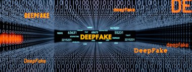 Deepfake, fake identity. Large room with numbers, binary zero, biometric data, artificial intelligence, cybercrime, big data and online crime. 3D illustration clipart