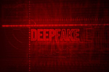 Deepfake. Red screen and elements, text in capital letters. Deepfake means fake identity of a voice or person. Biometrics, artificial intelligence, cybercrime, identification and digitally altered identity. clipart