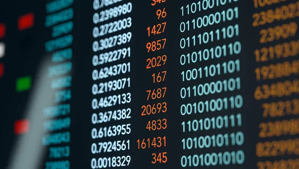 Close-up numbers, financial figures and binary data on a computer screen. Data, financial figures, statistics, scientific, spreadsheet. Finance and mathematics concepts.