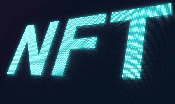 stock image Blue NFT (non-fungible token) symbol, neon blue, illuminated. Digital asset that links ownership to unique physical or digital items. Crypto currency, blockchain concept.