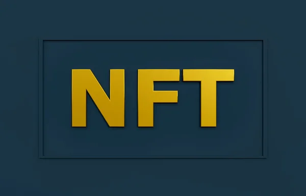 NFT (non-fungible token) in golden letters. Digital asset that links ownership to unique physical or digital items. Blockchain, digital token and crypto concept.