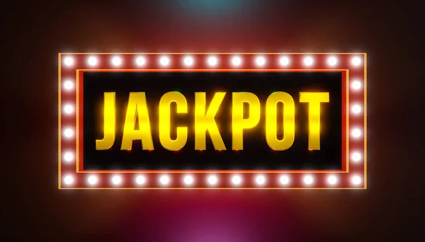 Jackpot - first prize. Golden capital letters framed by illuminated light bulbs. Winning, casino, gambling, roulette, bingo and entertainment events.