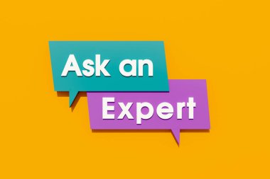 Bir uzmana sor. Renkli pankart, imzala. Konuşma balonu turuncu, mor ve mavi. Beyaz harflerle mesaj at. İş, talep, yardım, destek, tavsiye, kararlar, uzmanlık ve bilgi.