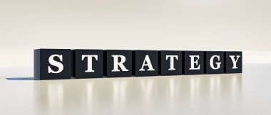 Strateji. Beyaz harfli siyah zarlar ve strateji kelimesi. İş stratejisi, planlama, tavsiye, görev, hedef, vizyon, yol, organizasyon ve kurumsal iş. 3B illüstrasyon