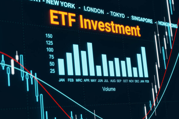 Инвестиции ETF. Экран с диаграммой, линиями и штриховым графиком. Фондовый рынок, инвестиции ETF, финансовый отчет, концепция инвестиционных фондов. 3D иллюстрация