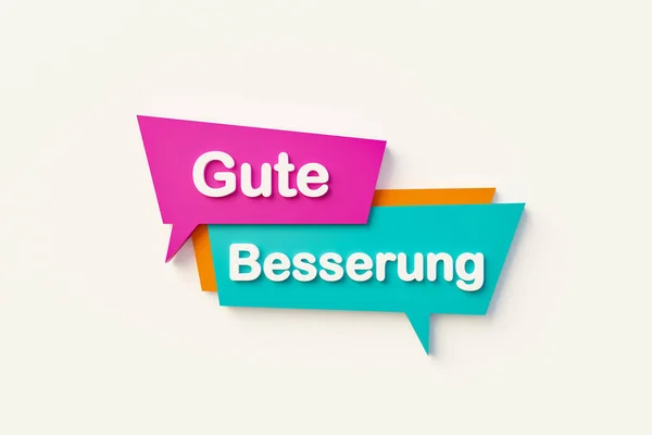 Gute Besserung (Get well soon) Cartoon speech bubble. Speech bubble in orange, blue, purple and white text. Message, information, greeting and saying concepts. 3D illustration