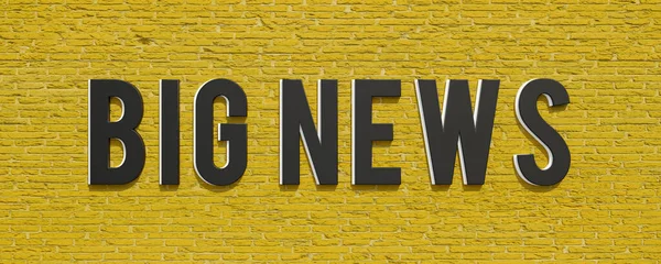 Big News. Background yellow brick wall. Big news in dark capital letters. Information, announcement, news event, social media, communication, message and publicity event. 3D illustration