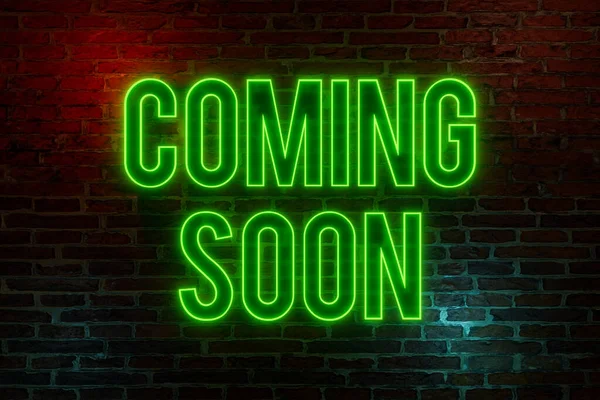 Coming soon, neon sign. Brick wall at night with the text \