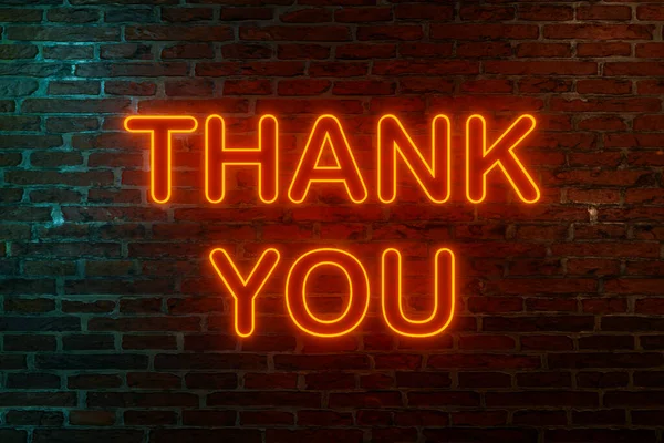 Thank you. Neon sign. Brick wall at night with the text \