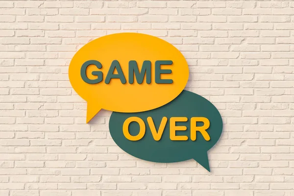 Game Cartoon Speech Bubble Text Yellow Dark Green Brick Wall — Stock Photo, Image