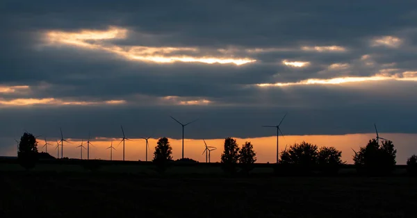 日落时地平线上的风力涡轮机和树木的轮廓 戏剧化的橙色闪烁着云彩的天空 日落期间在德国萨克森 安哈尔特的Bitterfeld Wolf — 图库照片