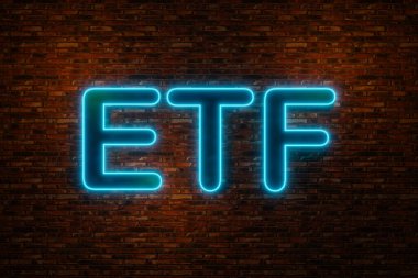 ETF - Borsa Ticaret Fonu. Geceleri kırmızı tuğla duvar ve mavi neon harflerle 