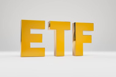 ETF - Borsa Ticaret Fonu. Yatırım ve iş. Altın metalik ETF sembolü. Borsa, ticaret ve finansman kavramı. 3B illüstrasyon