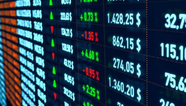 Ekranda mali veriler olan hesap tablosu. İş bilgileri, yüzde işaretleri, rakamlar, hisse senedi fiyatları ve değişiklikler. Ticaret ekranı, yatırım, mali rakamlar ve pazar verileri.