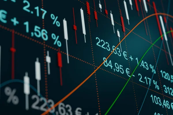 証券取引所 チャート ライン 財務数値 キャンドルスティックチャートと移動平均を持つ画面 ビジネスと金融 株式市場 取引と投資 3Dイラスト — ストック写真