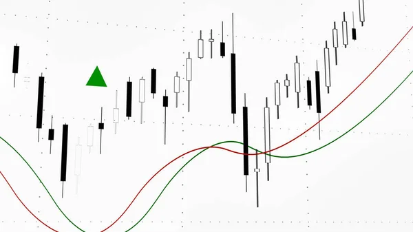 Stock market candle stick chart moving up. Chart with white and black candle sitck and moving averages. Stock exchange, investment, reserach and trading concept. 3D illustration