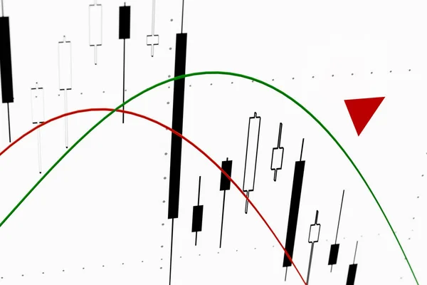 Stock market candle stick chart moving down. Chart with white and black candle sitck and moving averages. Stock exchange, investment, reserach and trading concept. 3D illustration