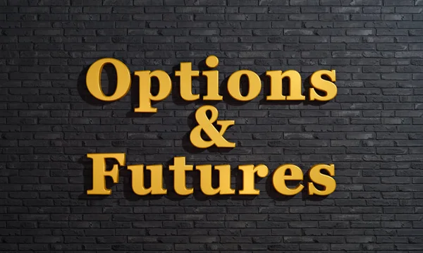 Options and futures, stock exchange trading and hedging. Dark brick wall with the words \