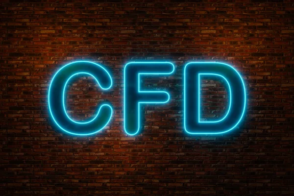 CFD (contract for difference) broker, blue neon symbol. CFD illuminated neon light on the brickwall. Speculative financial item and high risk investment. Stock Exchange concept. 3D illustration