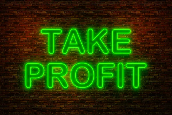 Take Profit green neon sign. Letters illuminated on the brick wall. Winning, stock exchange, investment, trading, banking services.  3D illustration