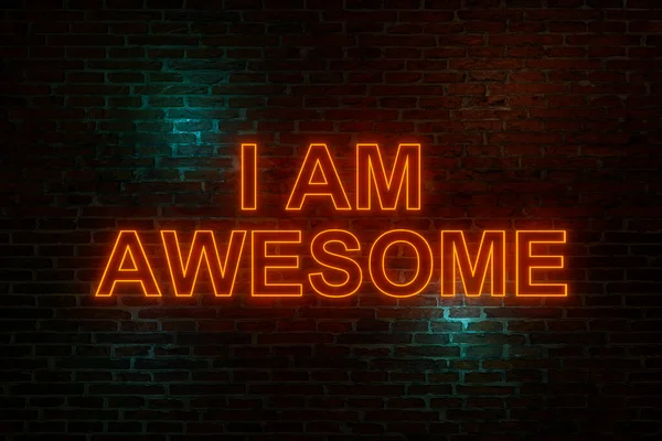 I am awesome, neon sign. Brick wall at night with the text \