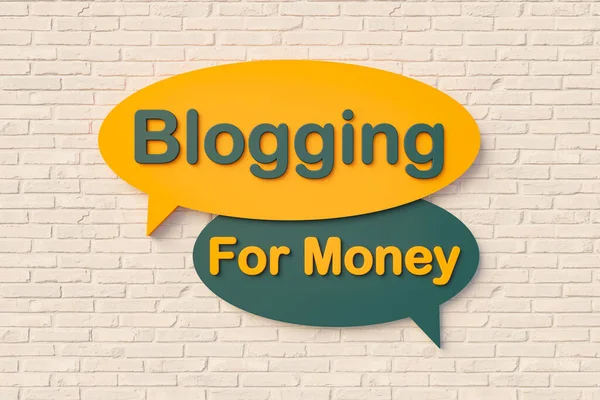 お金のためのブログ 漫画のスピーチバブル レンガの壁に対して黄色と濃い緑のテキスト インターネット インフルエンサー ソーシャルメディアの概念 3Dイラスト — ストック写真