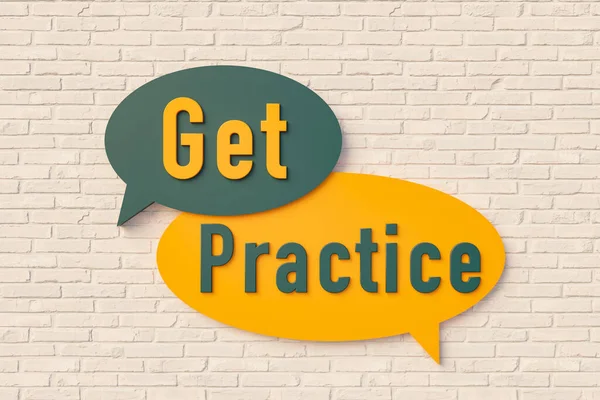 Get Practice Cartoon Speech Bubble Text Yellow Dark Green Brick — Stock Photo, Image