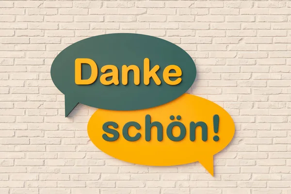 Danke Schoen 卡通演讲泡沫 文本黄色和深绿色靠着砖墙 感恩和感恩的概念 3D插图 — 图库照片