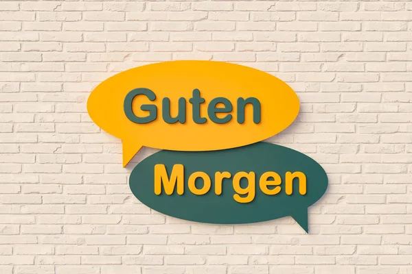 Guten Morgen. (Good morning) - Cartoon speech bubble, text in yellow and dark green against a brick wall. Message, phrase, and saying concepts. 3D illustration
