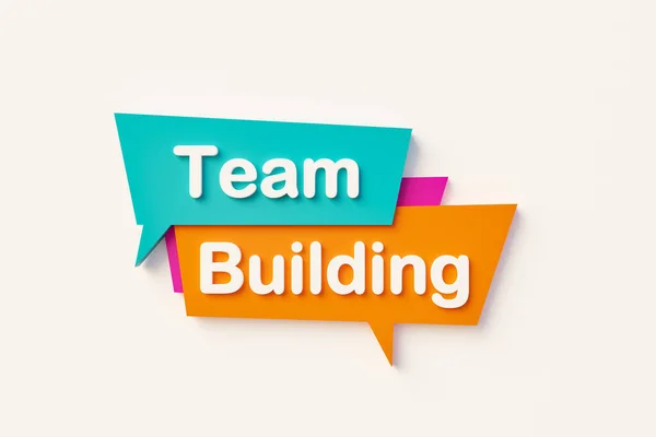 Team building - Cartoon speech bubble in orange, blue, purple and white text. Togetherness, teamwork and corporate culture concept. 3D illustration