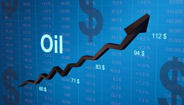 Yükselen petrol şeması. Finansal rakamlarla dolu mavi çizelge. Kara ok, yükselen petrol fiyatlarının sembolü olarak yukarı çıkıyor. İş dünyası, Brent ham petrol, enerji krizi, arz ve talep, yatırım ve sosyal mesele. 