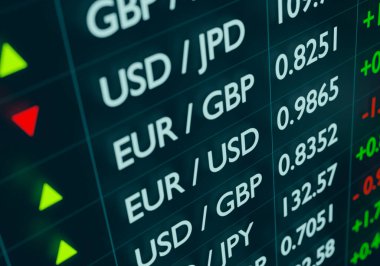 Ekranda EUR, USD, GBP, JPY fiyatları. İş, para ticareti ve bankacılık kavramı. 3B illüstrasyon