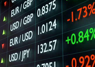 Değişik döviz kurları olan para kurulu. Euro Amerikan dolarına karşı düşüyor. EUR - USD, EUR - GBP, veya USD - JPY oranları ekranda. 3B illüstrasyon