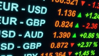 EUR, USD, GBP, CAD, AUD veya JPY gibi farklı para birimi çiftleri olan yakın plan borsa ekranı ve yüzde fiyat değişiklikleri. Ticaret, Euro, Amerikan doları, İngiliz sterlini, iş ve yatırım konsepti. 3B illüstrasyon