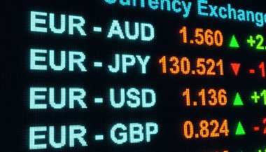 EUR, USD, GBP, CAD, AUD veya JPY gibi döviz kurları ve yüzde değişiklikleri gibi. Para ticareti. 3B illüstrasyon