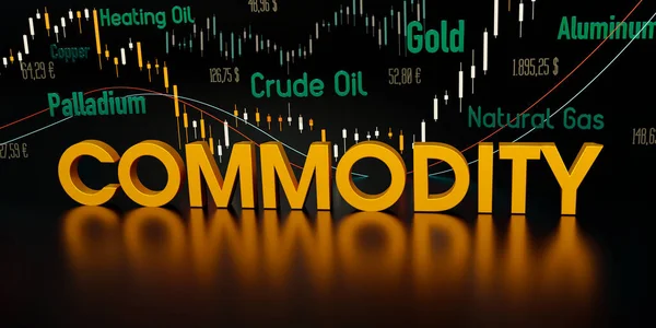 商品交易所 文字为金色字母 价格和原油 天然气为背景 商品贸易和能源危机 3D插图 — 图库照片
