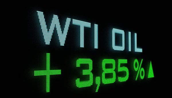 Artan petrol fiyatları. WTI (West Texas Intermediate) petrolü, LED ekranında pozitif fiyat değişikliği. Artan petrol fiyatları, enflasyon ve emtia ticareti kavramı. 3B illüstrasyon