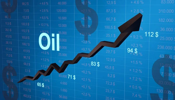 上昇する石油チャート 財務数値とブルースプレッドシート 黒い矢印は 強力な上昇油価格の象徴 上に移動します ビジネス ブレント原油 エネルギー危機 供給と需要 投資と社会問題 — ストック写真