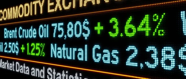Brent Crude oil and natural gas prices moving up. Stock market and exchange ticker, positive change in oil and gas prices. Commodity trading, business, investment, information. 3D illustration