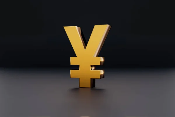 Golden YEN currency symbol. Japanese Yen currency symbol glossy in gold metallic against a dark background. 3D illustration