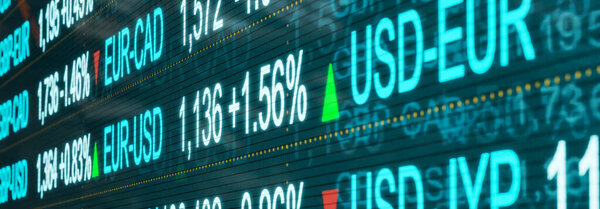 Close-up currency rates and symbols from USD, EUR, GBP, JPY or AUD on a trading monitor. Trading, currency and exchange rates concept. 3D illustration