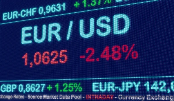 Eur Słabość Usd Kursy Walut Ekranie Euro Spada Dolara Amerykańskiego — Zdjęcie stockowe