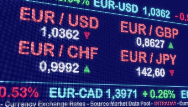 画面上のユーロ通貨為替レート Eur Usd Gbp Cad AudまたはJpyなどの異なる通貨レートとパーセンテージの変更 ビジネス 3Dイラスト — ストック写真