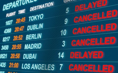 Havaalanı uçuş masası. Dublin, Berlin, Madrid veya Dubai uçuşları iptal edildi. Geliş ve gidiş panosu. Uçuşlar iptal edildi ya da ertelendi. Turizm ve seyahat. 3B illüstrasyon