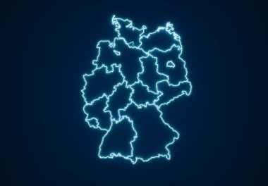 Alman haritası neon mavisi. Almanya haritasında federal devletler ve ülke sınırları karanlık arka planda aydınlatılmış neon etkiye sahiptir. 3B illüstrasyon