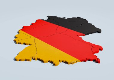 Germany map. 3D Map of Germany with national colors, black, red, yellow. The surface is cracked and fragments on the sides. Symbolic for a divided country, divided society. 3D Illustration.  clipart