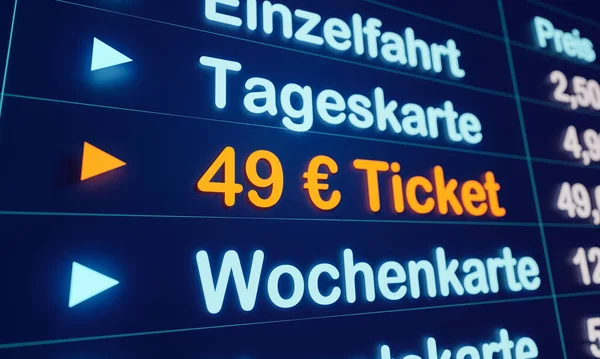 49 Euro ticket for travelers and working people who rely on local public transport. Symbol public transport ticket in Germany. Station monitor for purchasing the 49-Euro ticket.