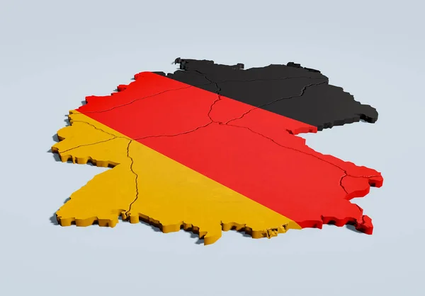 Germany map. 3D Map of Germany with national colors, black, red, yellow. The surface is cracked and fragments on the sides. Symbolic for a divided country, divided society. 3D Illustration.