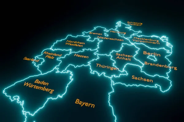 Illuminated map of Germany. Map of Germany and the federal states. States border in blue neon light. Country and politics banner. 3D Illustration